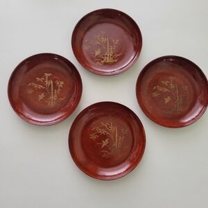 Vintage Lacquer Lightweight Coasters Hand Painted Set of 4 MCM Bamboo Design 3"